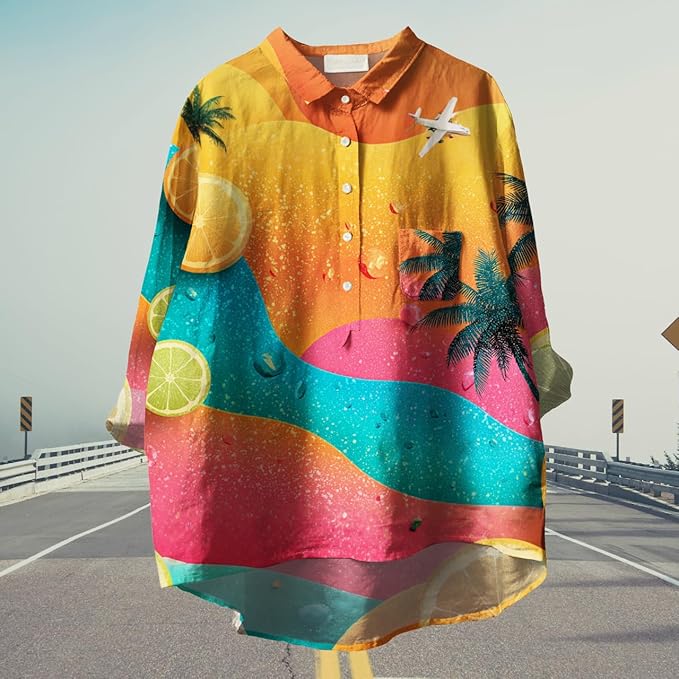 Womens Boho Tops 3/4 Long Sleeve Floral Blouses Hawaii Beach Button Down Shirts V Neck Pullover Casual Tunics