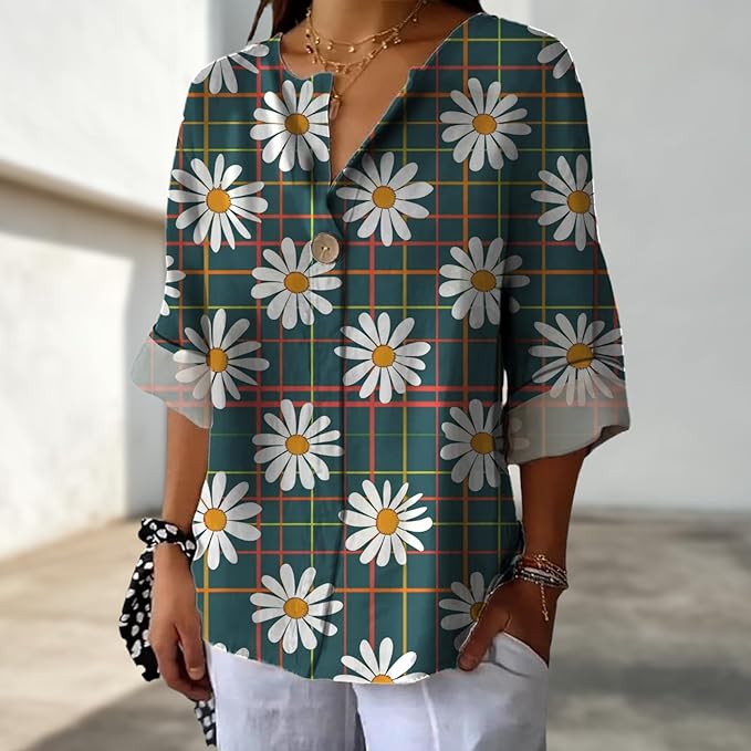 Long Sleeve Shirts for Women V Neck Button Boho Graphic Blouses Casual Collared Fashion Summer Flowing Tops