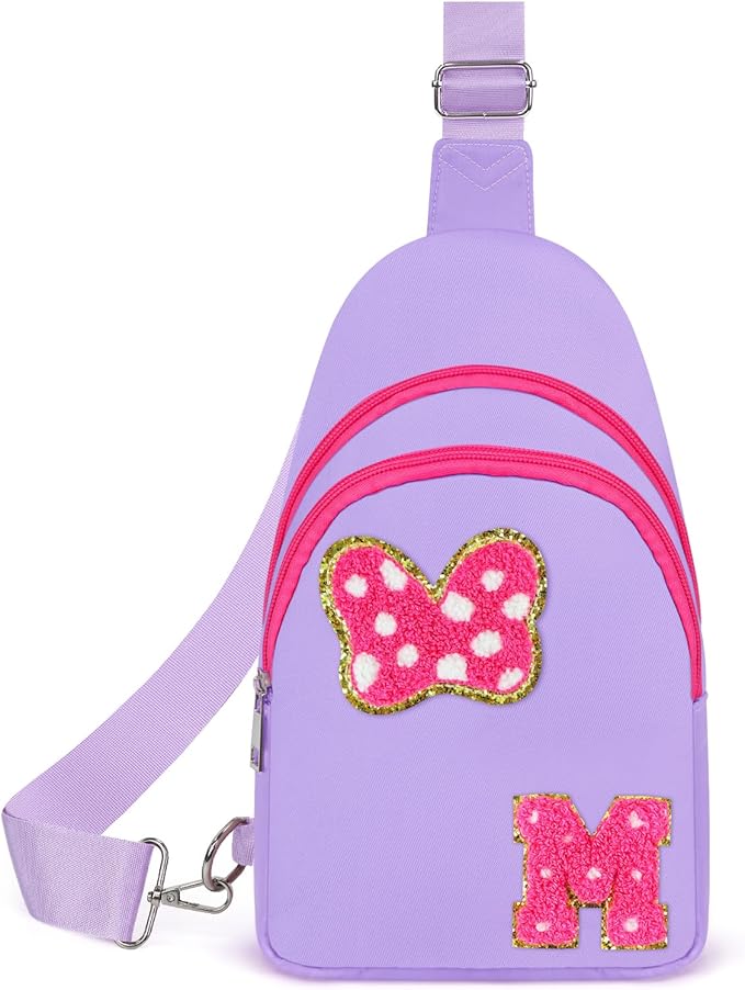 7 8 9 10 11 12 13 24 Year Old Girl Birthday Gifts, Purple Initial Bow Mouse Park Small Sling Bag for Girls Daughter Women, Teen Girl Gifts Trendy Stuff Crossbody Fanny Pack Must Have for Park Travel M