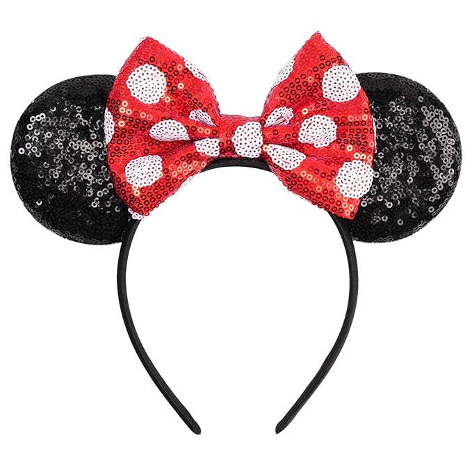 bianbaistar Sequin Mouse Ears，Black and Red Polka Dot Mouse Ear Headband for Holiday or Amusement Park Accessories，Princess Dress Up Hair Accessory