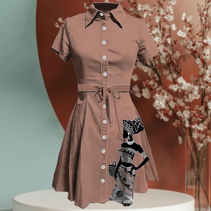 MARSVOVO Vintage Retro Shirt Dress for Women Short Sleeve Button Down Tie Waist Elegant Smocked Knee Length Dress