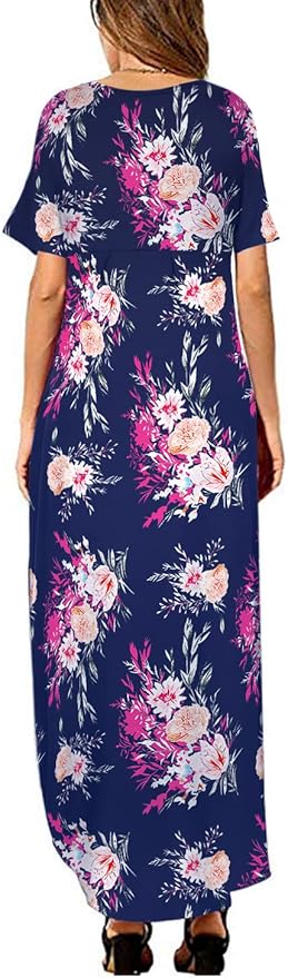 Arolina Women's Summer Maxi Dress Short Sleeve V Neck Casual Loose Long Beach Split Dresses with Pockets