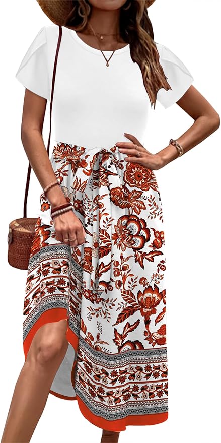 Zeagoo Womens Midi Dress Summer Short Sleeve Dress with Pockets 2025 Casual Floral T-Shirt Dress Flowy Beach Sundress