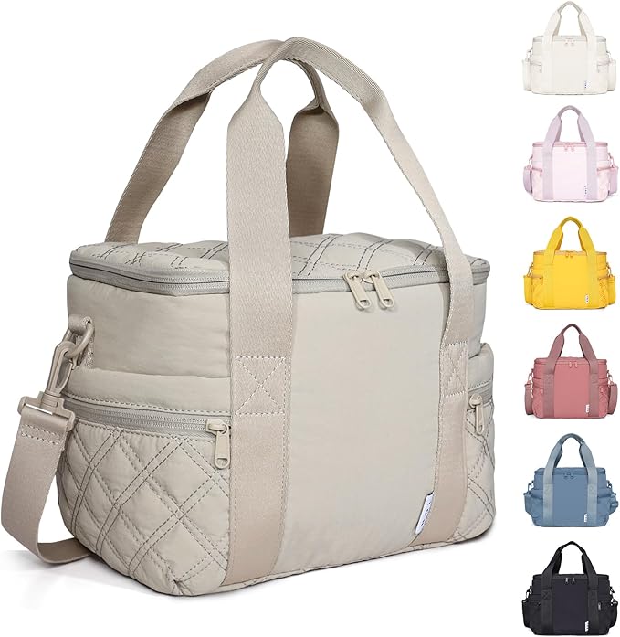 NOL Natural Organic Lifestyle Women's Nylon Lunch Cooler Cute Quilted Lunch Bag Large Leakproof Insulated Lunch Tote Bag for Work Picnic Travel,Khaki