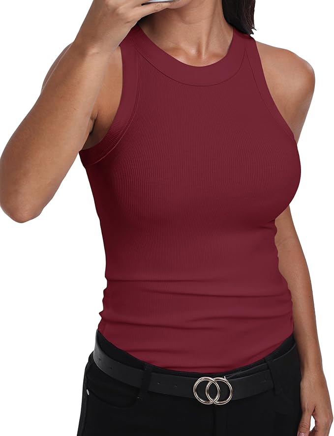 GEMBERA Womens Sleeveless Racerback High Neck Casual Basic Cotton Ribbed Fitted Tank Top