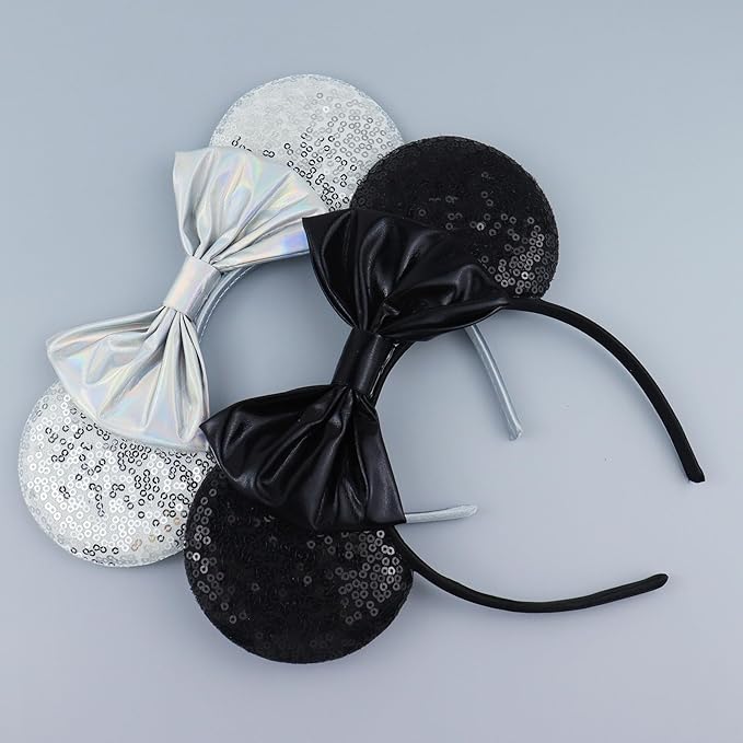 LIHELEI Mouse Ears Headband for Women, Black Headbands for Women Halloween Costume, Sequin Bows Headwear Hair Accessories-2pcs Silver+Black