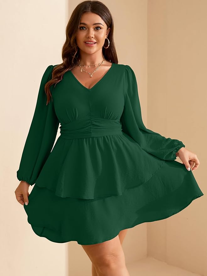 RWJ Plus Size Dresses for Curvy Women V Neck Long Sleeve Elastic Waist Fall Wedding Guest Layer Casual Mini Dress
