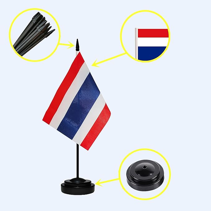 USA American & Thailand Thai Desk Flags, US Thailand Small Mini Table Office Flag, Miniature Thai and US Desktop Flag With 13" Solid Black Pole, Black Base