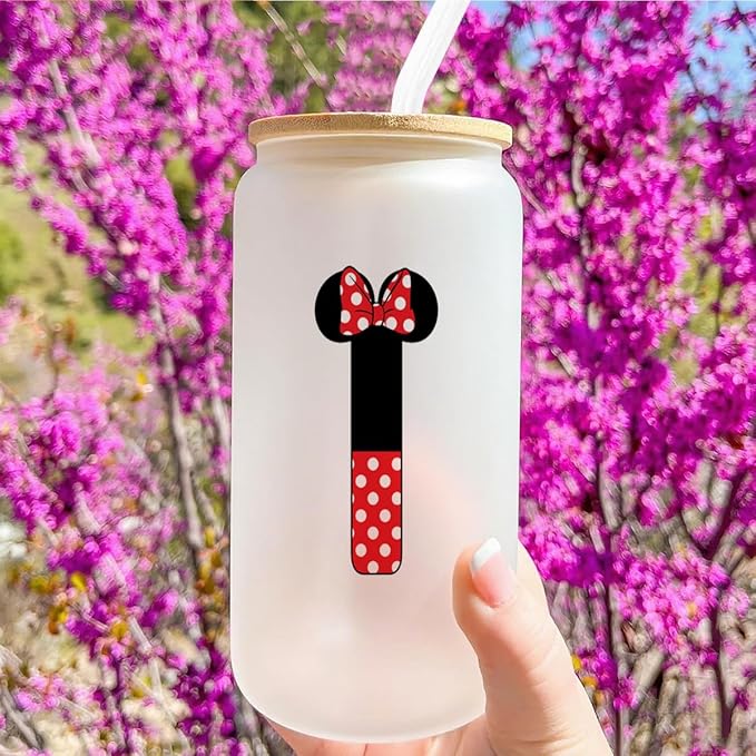 Cute Cartoon Mouse Lover Gifts Initial A-Z Personalized Iced Coffee Cup Magic Mouse Stuff Wizard Gift 16oz Glass Cup with Lid and Straws Birthday Christmas Gifts for Women Teen Girls (Letter I)