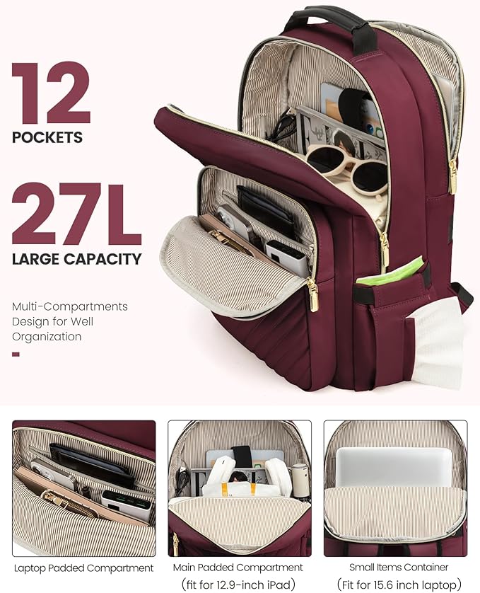LOVEVOOK Laptop Backpack Purse for Women, Work Business Travel Computer Bags, College Nurse Backpack for Womens, Quilted Casual Daypack with USB Port, Fit 15.6 Inch Laptop, Wine Red