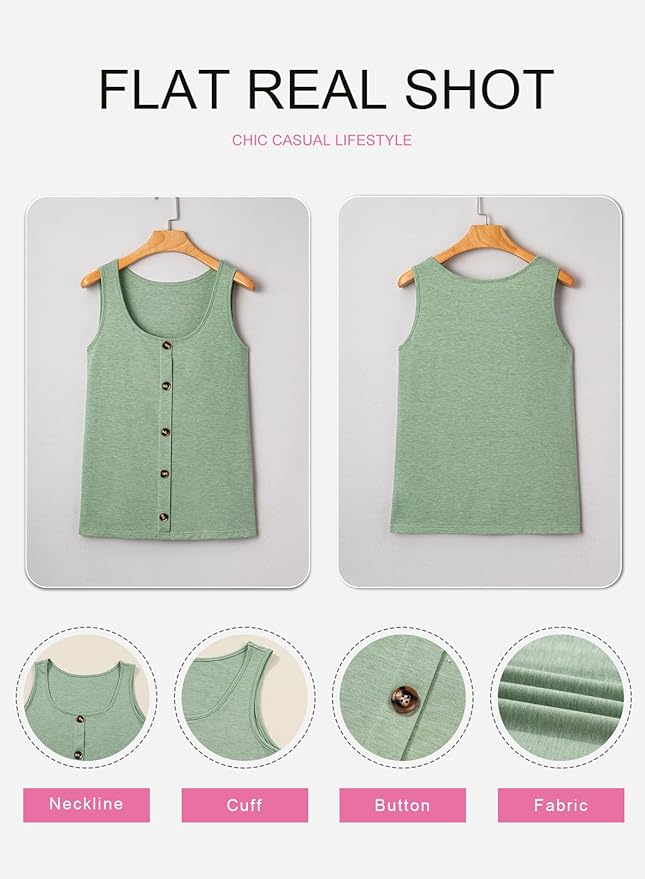 SHEWIN Womens Tank Tops Solid Button Crewneck Sleeveless Summer Tops Loose Fit