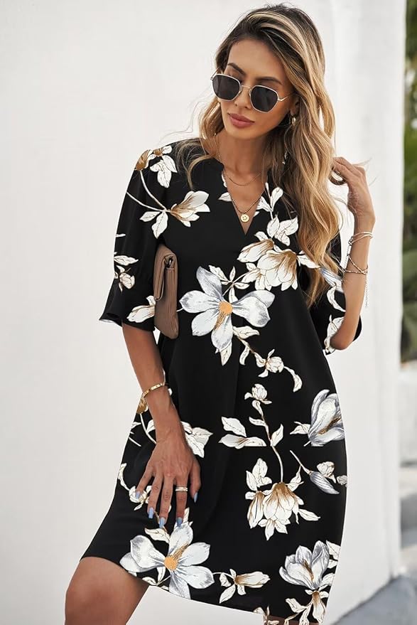 QACOHU Summer Dresses for Women V Neck Ruffle Short Sleeve Casual Shift Dress