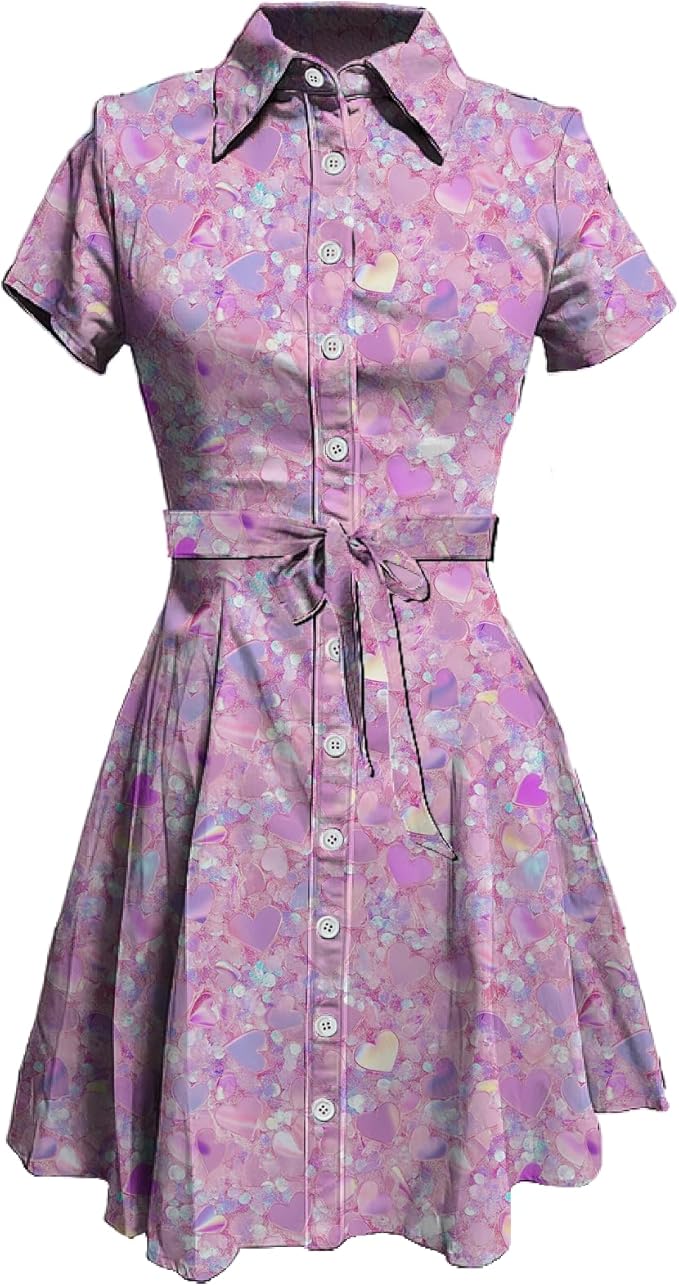 MARSVOVO Cute T Shirt Dress for Women Short Sleeve Button Up Tie Waist Elegant Casual Collared Smocked Midi Dress