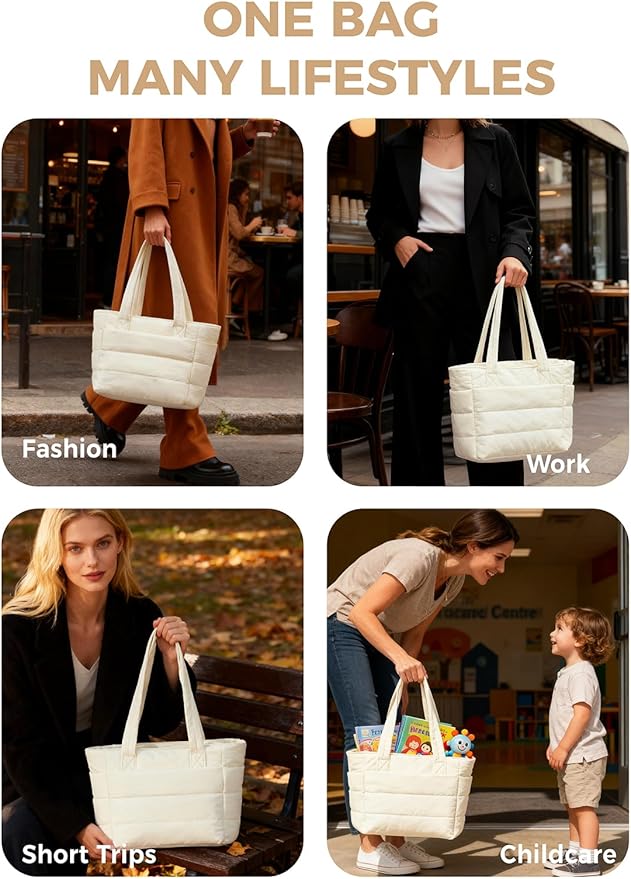 Puffer Tote Bag for Women, Lightweight Laptop Bag with Zipper Quilted Shoulder Bag for Work, Travel, Gym