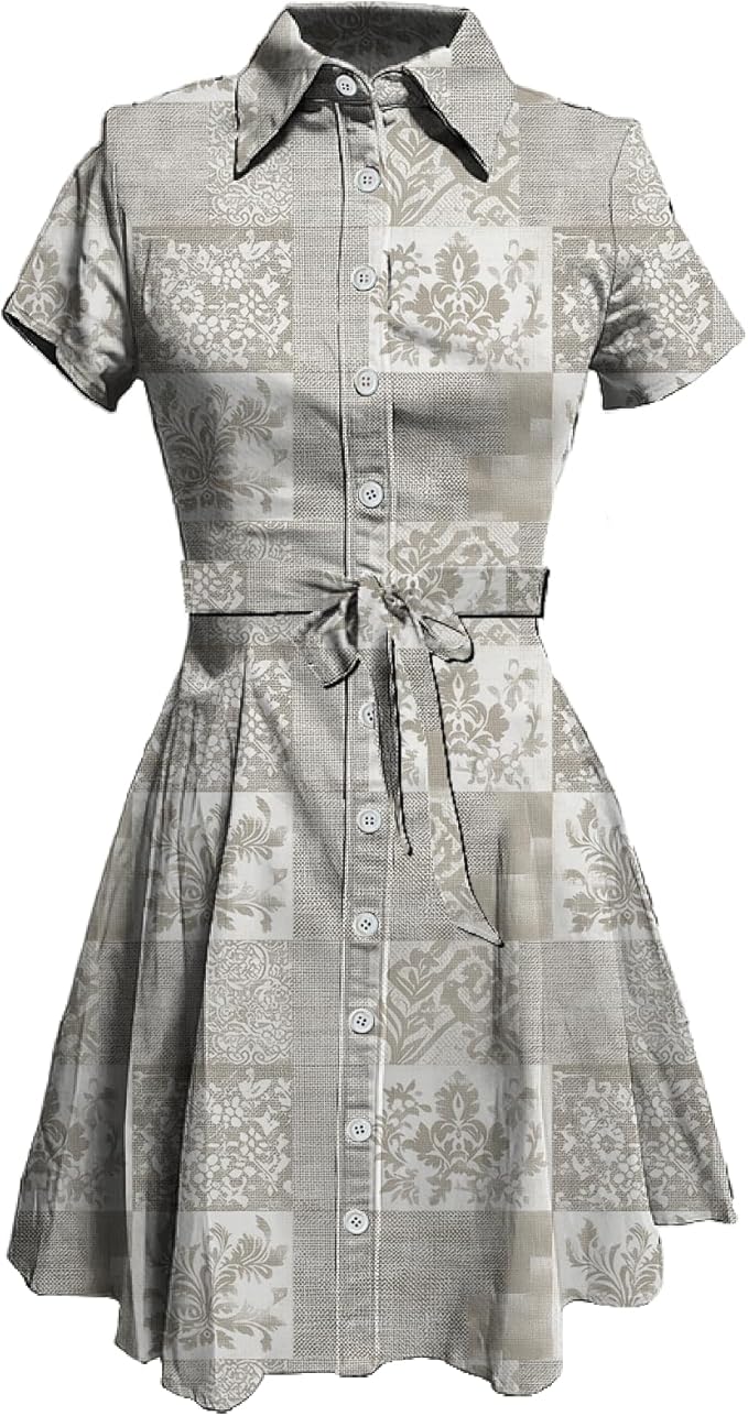 MARSVOVO Vintage Retro Shirt Dress for Women Short Sleeve Button Down Tie Waist Elegant Smocked Knee Length Dress