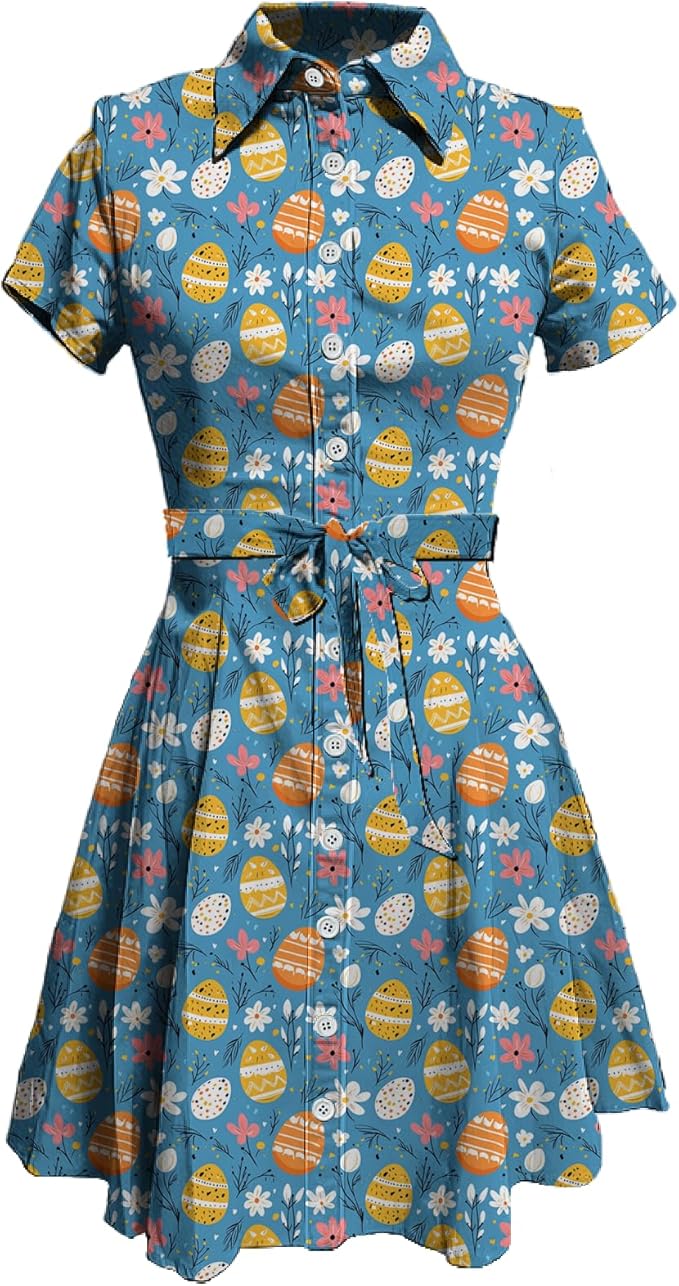 MARSVOVO Cute T Shirt Dress for Women Short Sleeve Button Up Tie Waist Elegant Casual Collared Smocked Midi Dress
