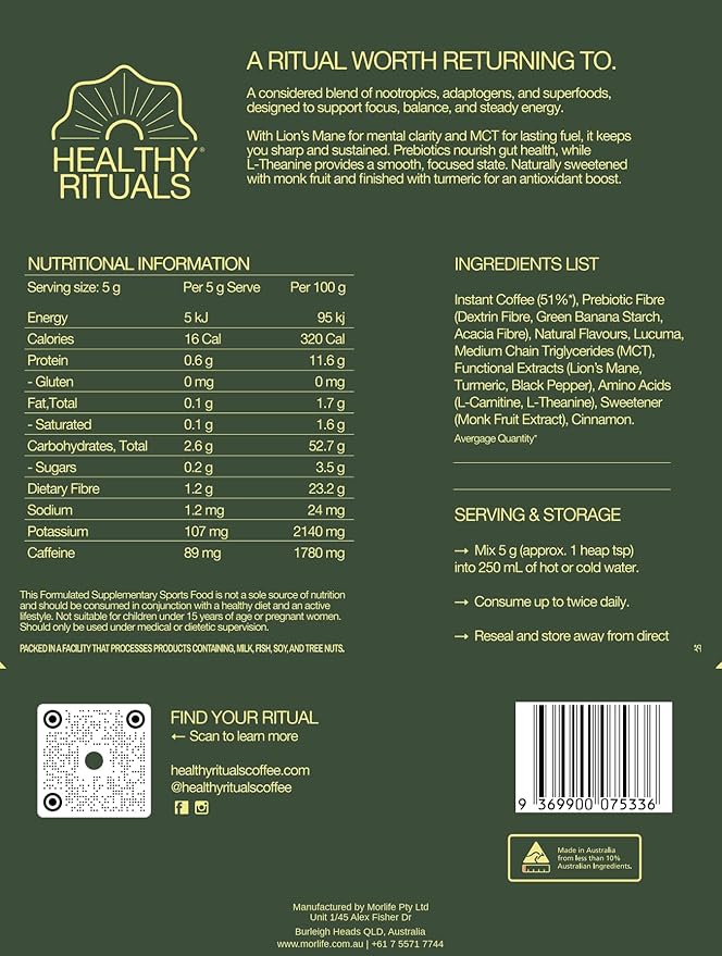 Healthy Rituals Mushroom Coffee SuperBlend Powder with Lion’s Mane, MCT Oil, L-Theanine, Turmeric, Prebiotic Fiber & L-Carnitine, Naturally Sweet, Rich & Smooth Premium Arabica Instant Coffee - 150 g