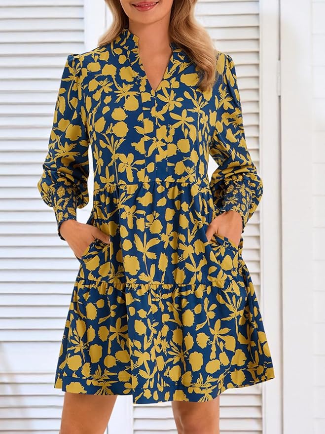 Imily Bela Womens Fall Long Sleeve Tunic Dress Casual V Neck Loose Ruffle Tiered Dress