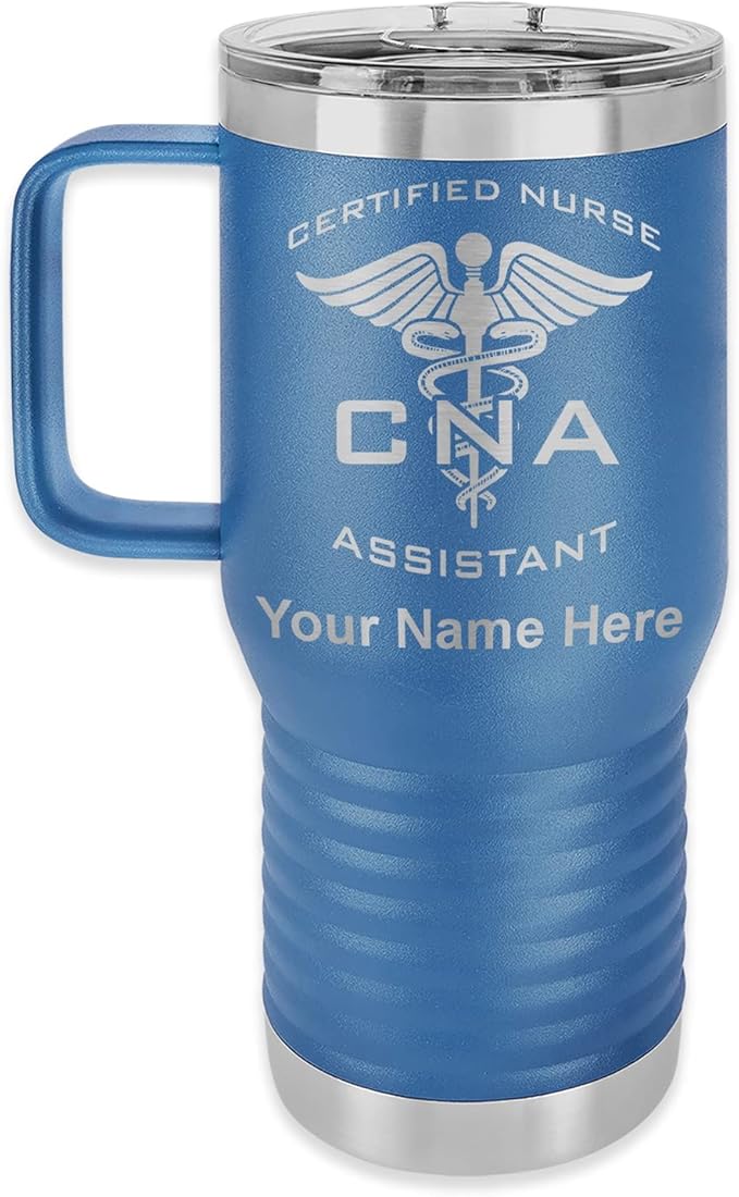 LaserGram 20oz Vacuum Insulated Travel Mug with Handle, CNA Certified Nurse Assistant, Personalized Engraving Included (Dark Blue)