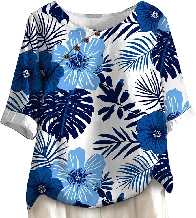 Women's Shirts Dressy Casual Asymmetric Side Button Down Design Tops Summer Loose Fit Crewneck Graphic Tees