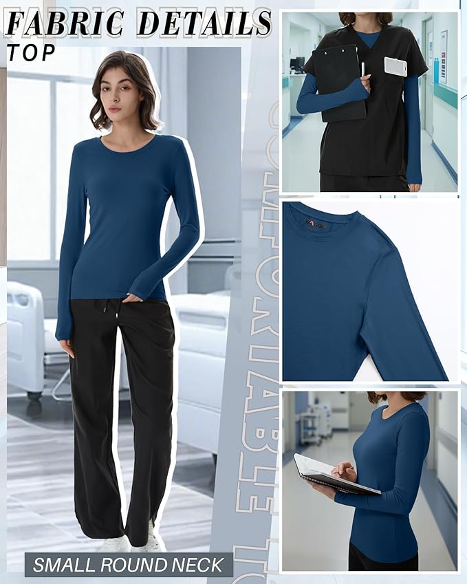 4 Pack Women's Underscrub Shirts Nurse Undershirts Long Sleeve Crewneck Slim Fit Tops Soft Stretchy Basic Tee