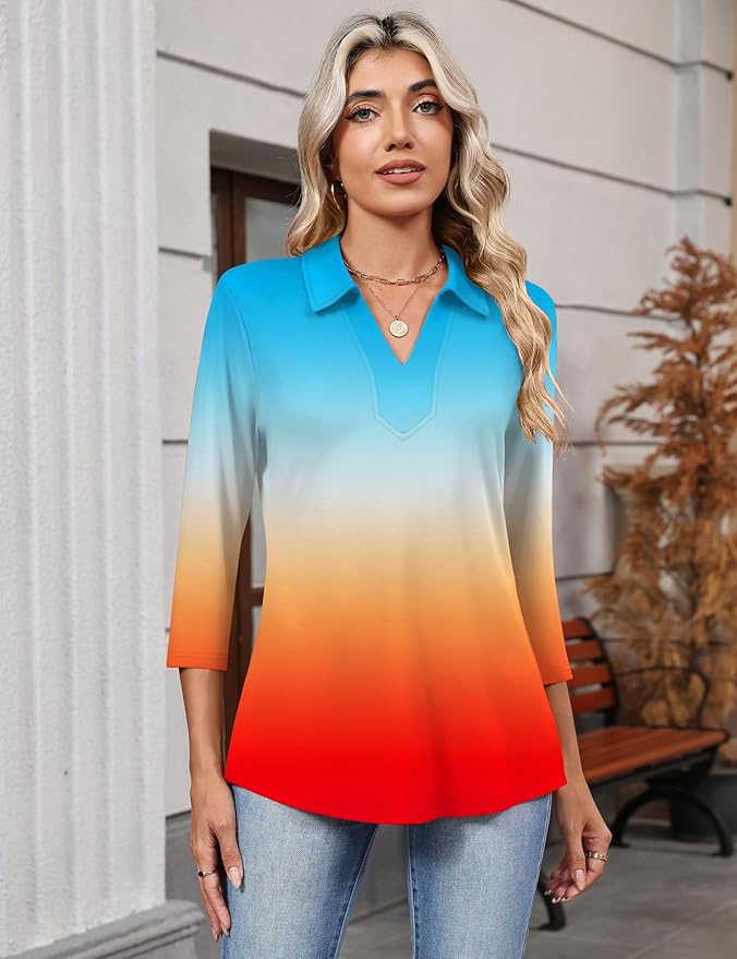 LOMON 3/4 Length Sleeve Womens Tops 2026 Spring Summer Collared Polo Shirts V Neck Casual Basic Polos Tees Shirt