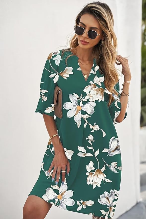 QACOHU Summer Dresses for Women V Neck Ruffle Short Sleeve Casual Shift Dress