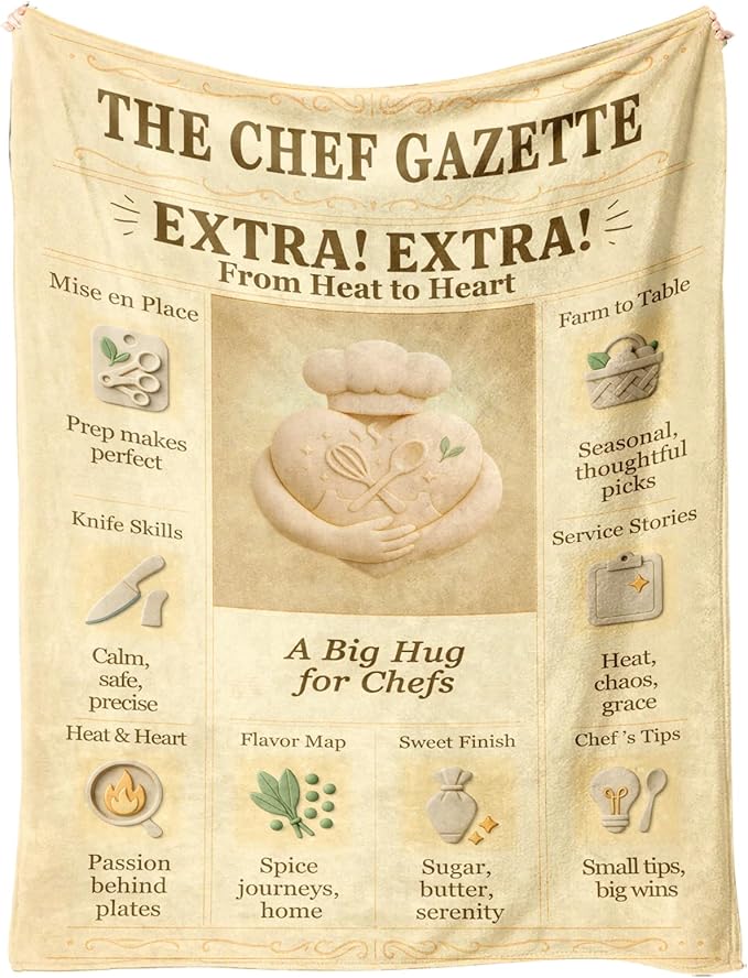 Chef Blanket 60x50 Flannel Throw Blanket, Vintage Editorial-Style Kitchen Decor, Cozy Cooking Gift for Men & Women, Baker Pastry Sous Chef Appreciation, Culinary School Graduation
