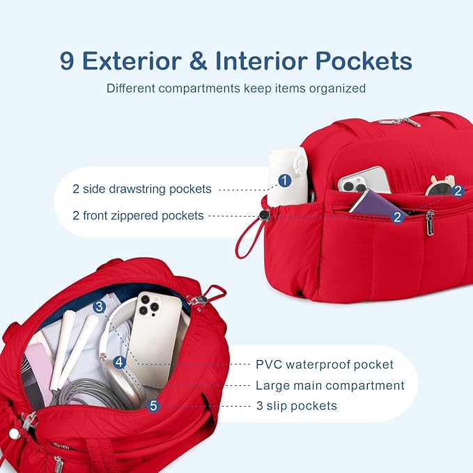 TOPDesign Travel Duffel Bag for Women, Puffer Gym Bag Sports Tote with Wet Pocket, Carry On Weekender with Luggage Sleeve (Red)