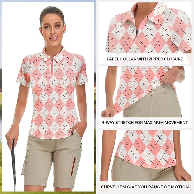 Women's Golf Shirt Short Sleeve Tennis Shirt Quarter Zip Golf Pullover Golf Polo Shirts Argyle Tops