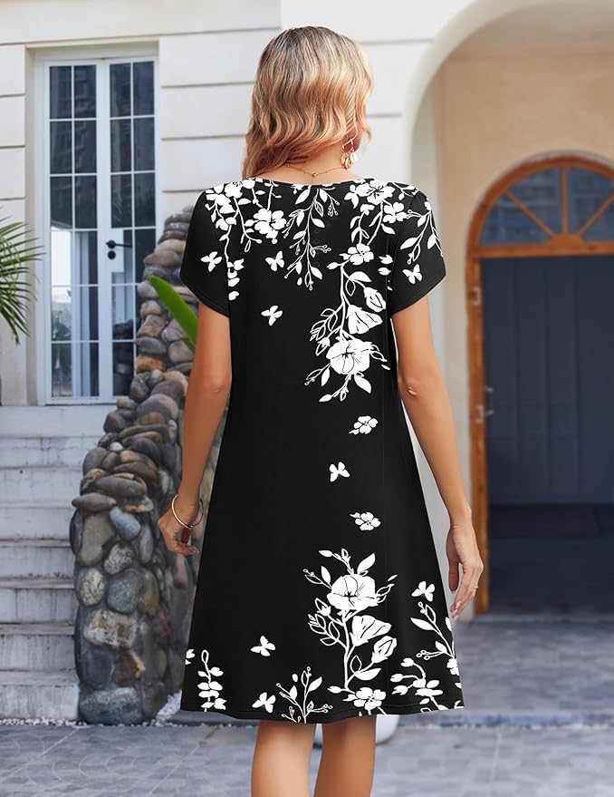 Zeagoo Women's Casual Dresses with Pockets Summer Floral V-Neck A-Line Tshirt Dress Short Sleeve Mini Dress Beach Sundress