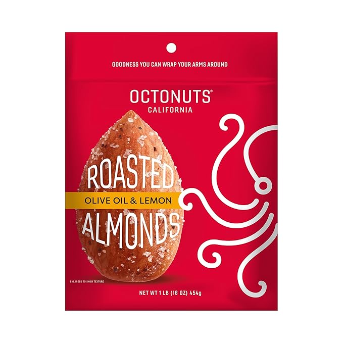 Octonuts Dry Roasted Olive Oil & Lemon Almonds – 16oz Resealable Bag - Healthy Snack for Adults and Kids - Plant Protein with Fiber, Calcium & Iron - Low Carb, Low Calorie - Non-GMO, Gluten Free Snacks