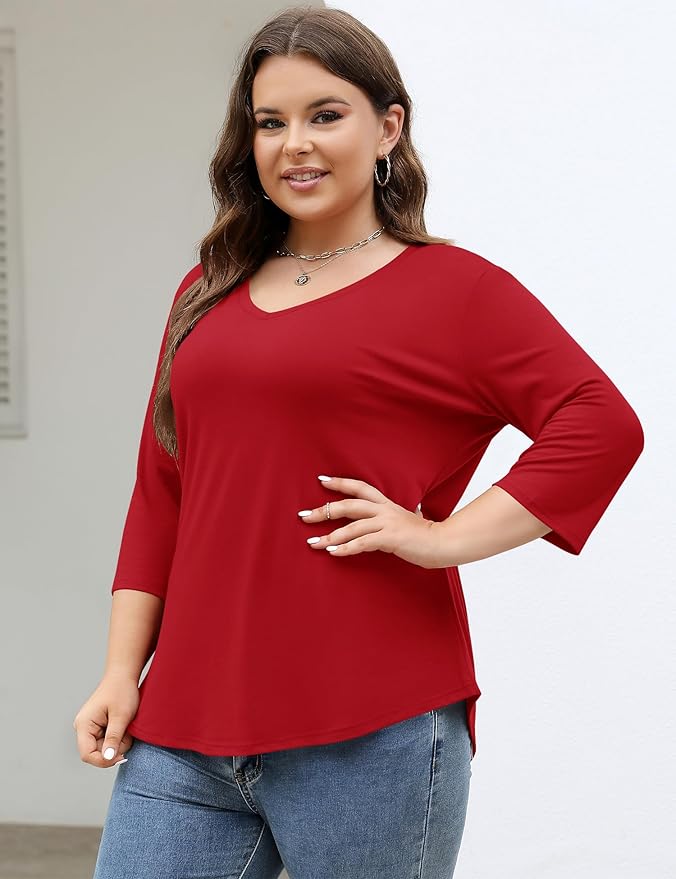 TFSDOD Womens Plus Size Tops V Neck T Shirts 3/4 Sleeve Blouse Summer Casual Tees XL-5X