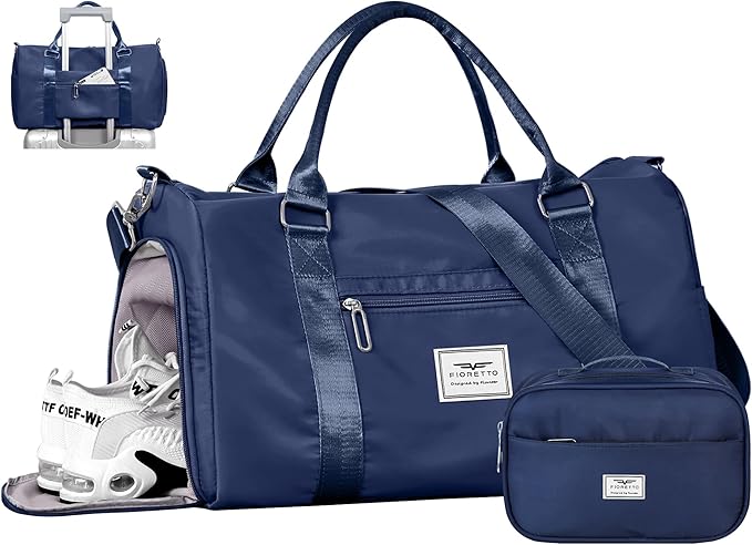 FIORETTO Womens Gym Tote Duffle Bag with Toiletry Bag, Sports Duffel Overnight Hospital Workout Carry on Bag for Girls with Wet Pocket & Shoe Compartment, Ideal for Travel, Swimming, Dance Navy Blue
