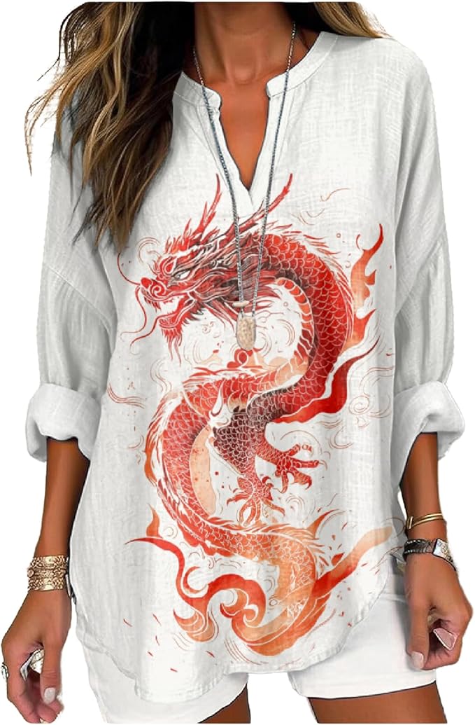 MARSVOVO V Neck Shirt For Women Boho Multi Style Blouse Long Sleeve Novelty Graphic Plus Size Pullover Tops For Women