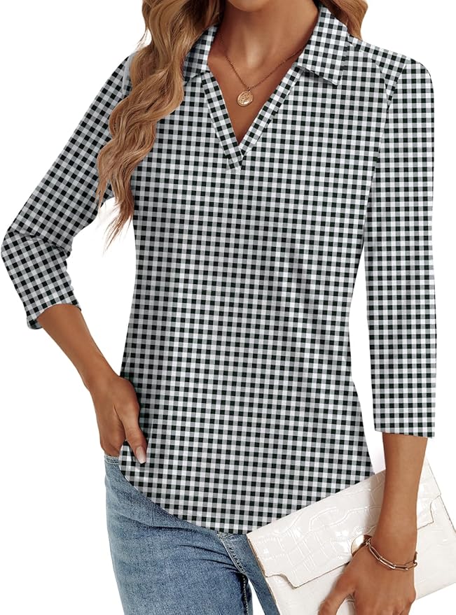 3/4 Length Sleeve Womens Tops Dressy Casual V Neck Polo Shirts Business Work Blouses 2025 Trendy Tunic Top