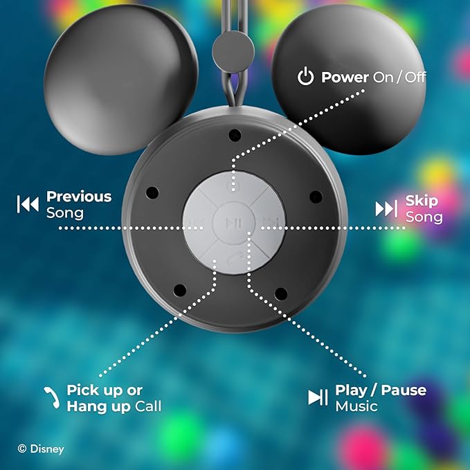 Disney Mickey Mouse Ears Bluetooth Shower Speaker with Suction Cup – Disney IPX4 Rated Water Resistant Speaker for Shower, Baths| Up to 5 HRs Playtime, Built in Button Controls and Mic for Phone Calls