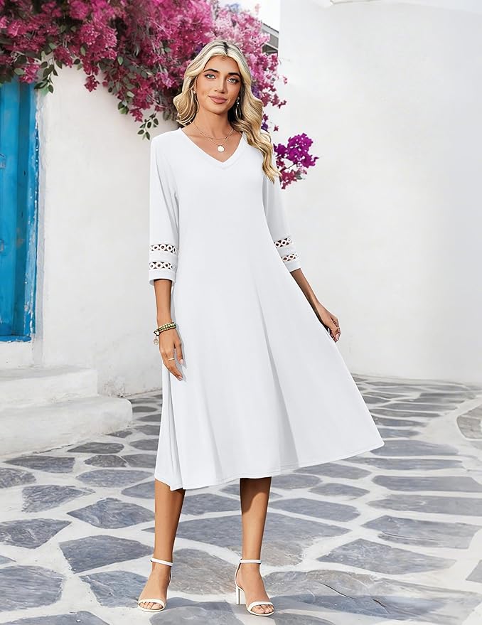 Zeagoo Women's Dresses 3/4 Sleeve Summer Casual V-Neck A Line Flowy Eyelet Midi Dress for Women Beach Vacation Sundress