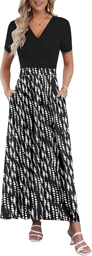 AUSELILY Maxi Dresses for Women Ankle Length Floral Print Beach Long Flowy Dress with Pockets
