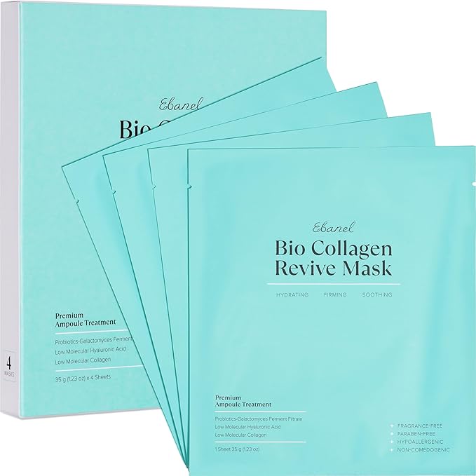 Ebanel Bio Collagen Face Mask, 4-Pack Hydrating Face Masks with 7 Peptides, Hyaluronic Acid, Niacinamide, Centella, Rose Water, Ceramide, and B5, Glass Skin Tightening and Lifting Korean Sheet Masks