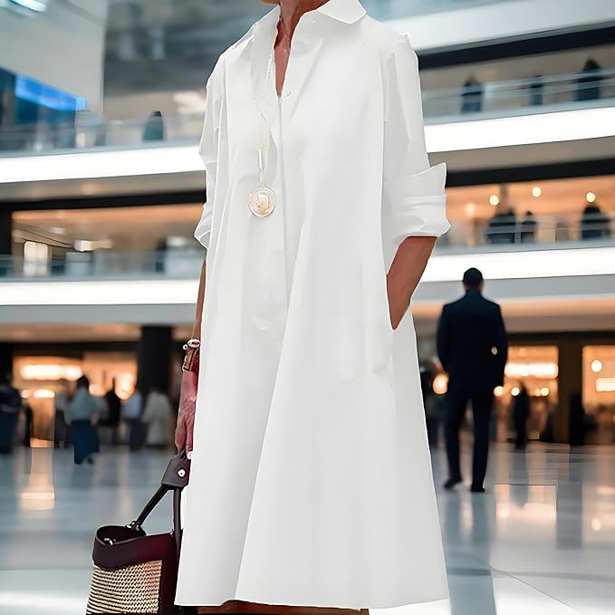 Womens 2025 Long Sleeve Button Down Shirt Summer Dress Casual V Neck Loose Fit Midi Shirt Dresses with Pockets
