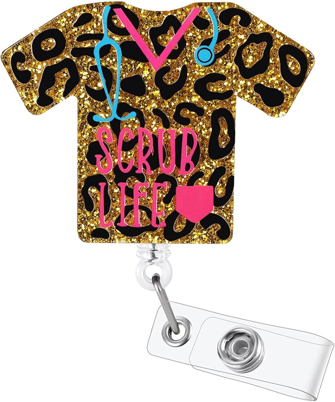 Leopard Scrub Life Funny Badge Reel, Cute Retractable ID Card Badge Holder, Name Tag Hospital Badge Clip for ICU RN LPN CNA MA ER Night Shift Nurse Nursing Student OB/GYN RAD L&D Doctor, Nurse Gifts