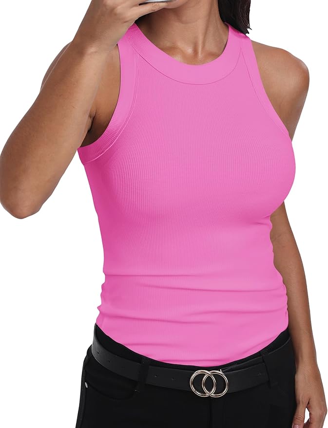 GEMBERA Womens Sleeveless Racerback High Neck Casual Basic Cotton Ribbed Fitted Tank Top