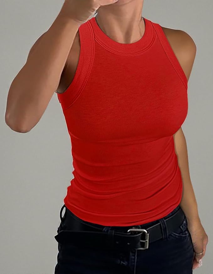 GEMBERA Womens Sleeveless Racerback High Neck Casual Basic Cotton Ribbed Fitted Tank Top