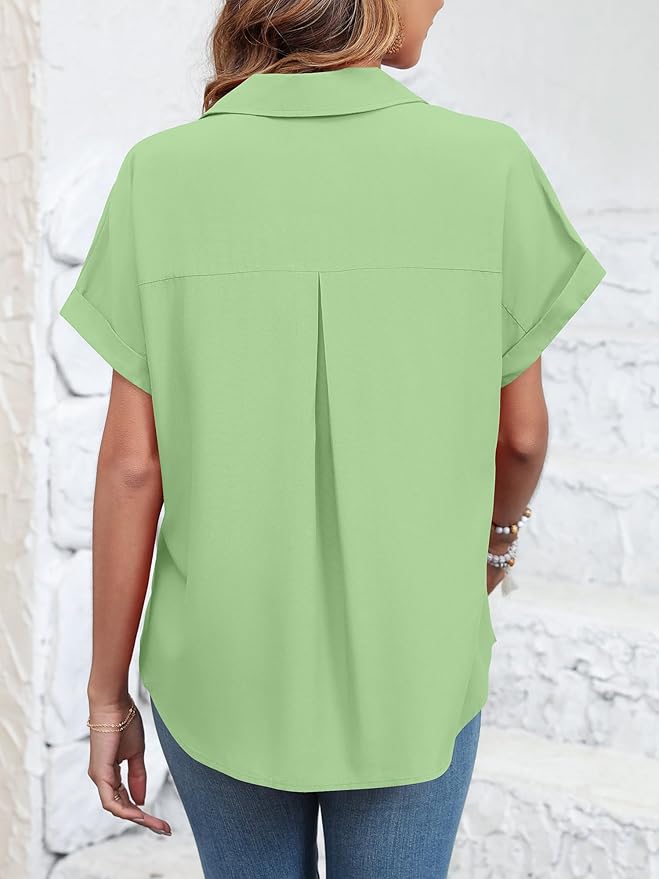 Womens Button Down Shirt Casual Short Sleeve Collared Work Blouse with Pocket