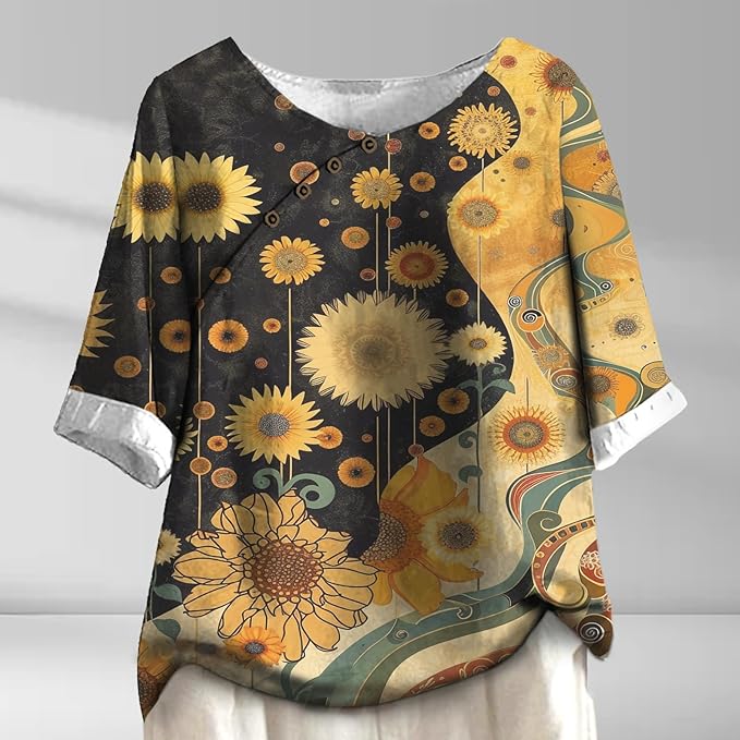 Women's Shirts Dressy Casual Asymmetric Side Button Down Design Tops Summer Loose Fit Crewneck Graphic Tees