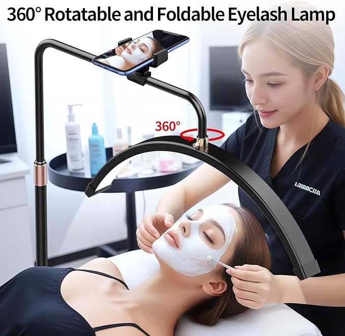 Lash Light for Eyelash Tech-Esthetician Ring Light, Half Moon Light for Led Lash Lamp Extensions, Tattoo Artists, Nail Tech - Cool, Warm Lamp with Adjustable Brightness & Height, Phone Holder (Black)