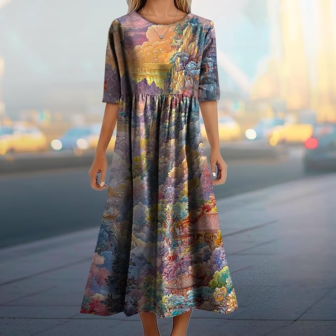 MARSVOVO Trendy Dresses for Women 2025 Classic Fairy Flowy Sundress Relaxed Fit Dress with Side Pockets