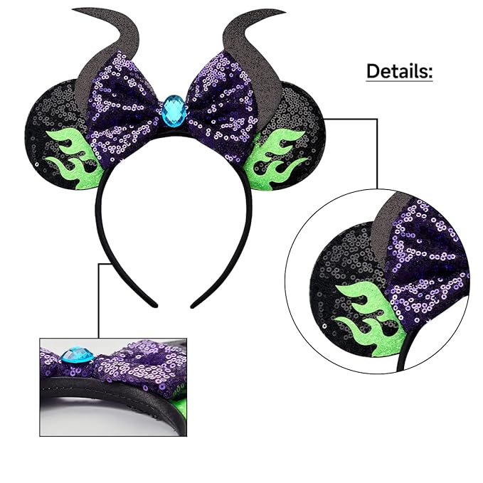 RAZKO Mouse Ears Headband, Sequin Maleficent Mouse Ears Hairband Mice ears Headband for Women Girls Hair Accessories (Flaming Maleficent)