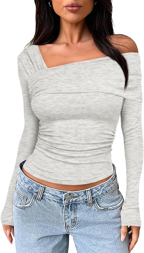 Darong Women's Off Shoulder Tops Y2K Shirt Slim Fit Ruched Crop Top Long Sleeves Spring Fall Blouse Going Out Shirt